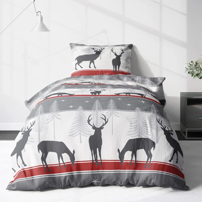 Biber Bettwäsche-Set Cozy Christmas in Grau Rot Weihnachtsbettwäsche