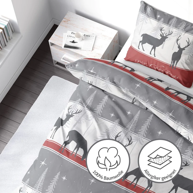 Biber Bettwäsche-Set Cozy Christmas in Grau Rot Weihnachtsbettwäsche