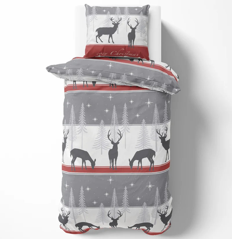 Biber Bettwäsche-Set Cozy Christmas in Grau Rot Weihnachtsbettwäsche