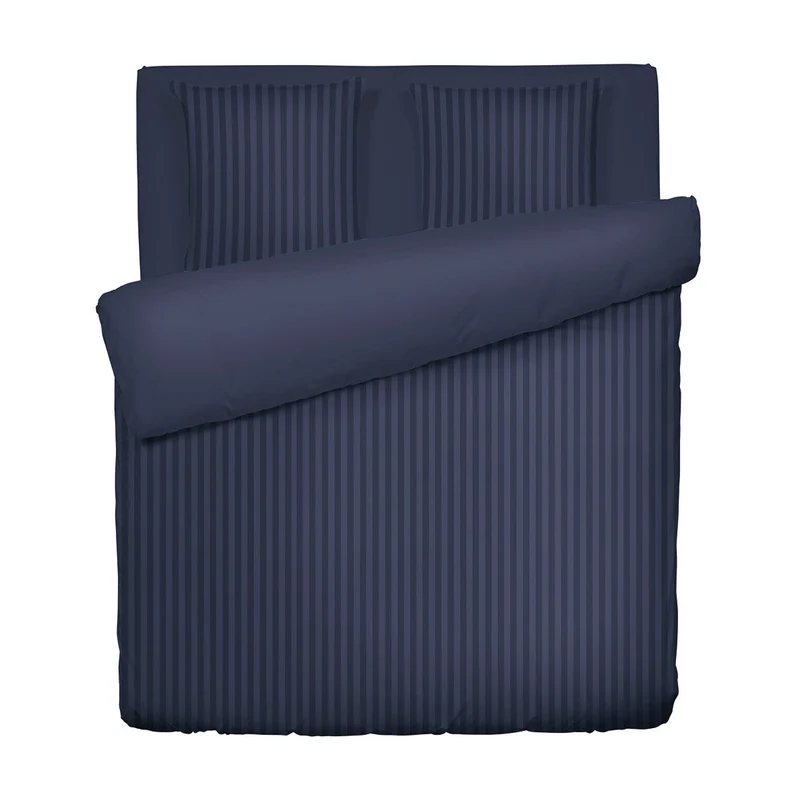 Housse de couette + taie(s) d'oreiller en satin de coton - Bleu foncé rayé
