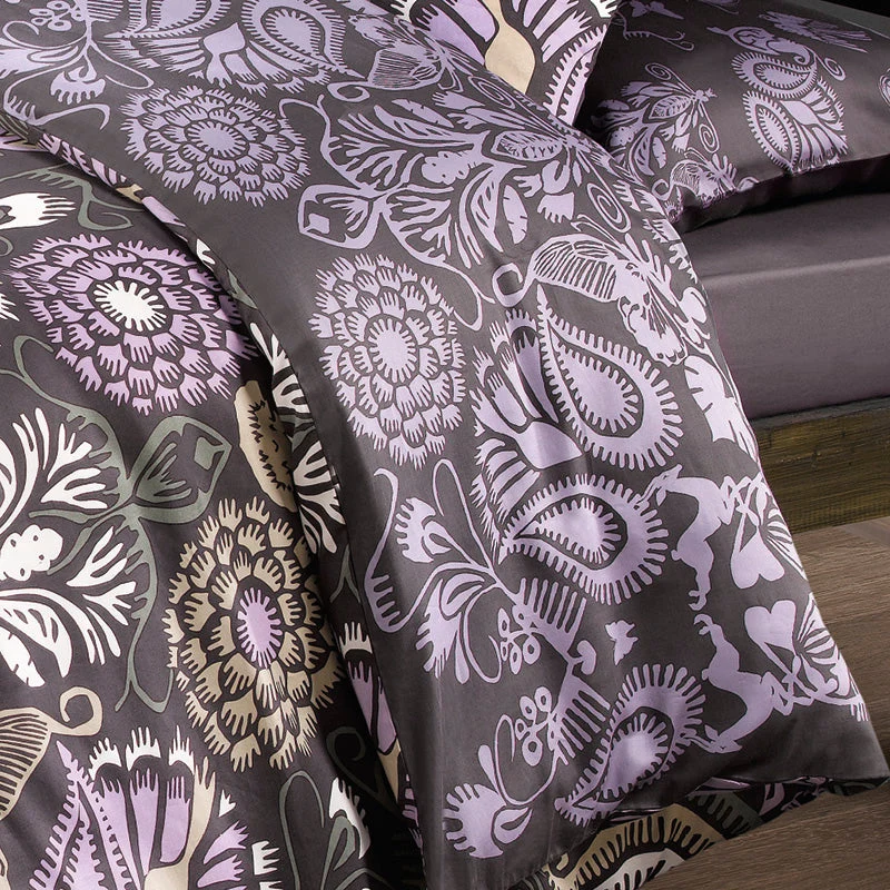 Housse de couette + taie(s) d'oreiller satin de coton - Love Stories prune