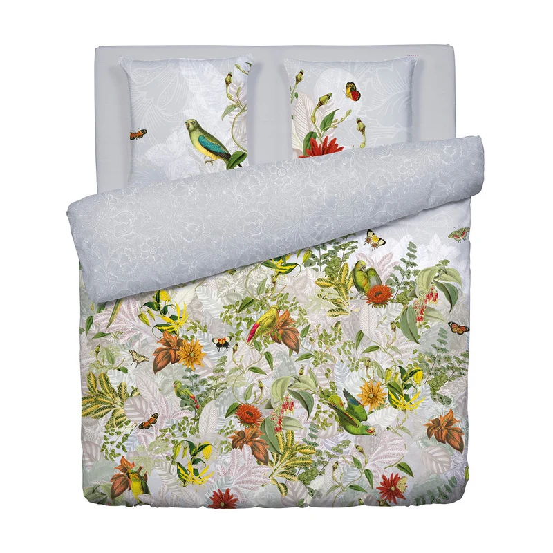 Housse de couette + taie(s) d'oreiller satin de coton - Jardin d'hiver gris perle