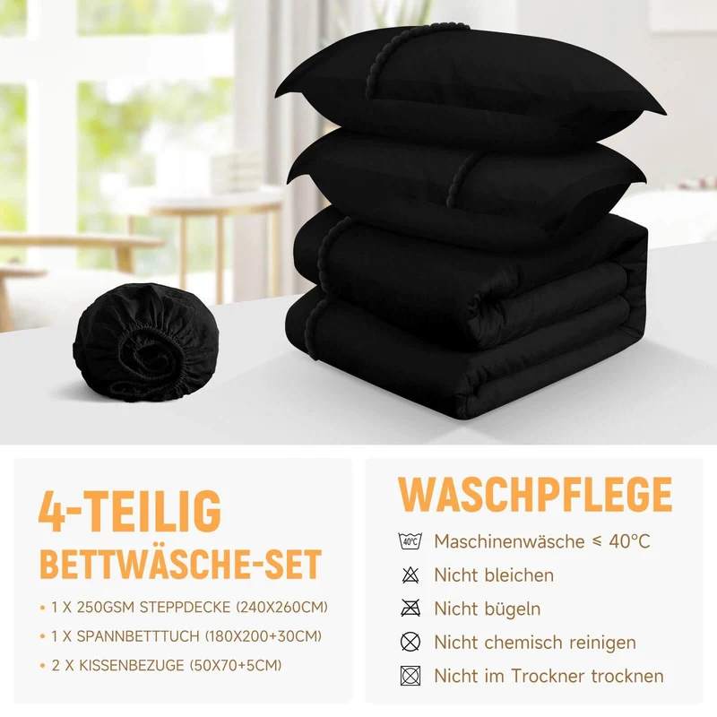 Bettwäsche Set 180x200 cm, 4-teilig, inklusive Steppdecke 240x260 cm und 2 Kissenbezügen 50x70 cm