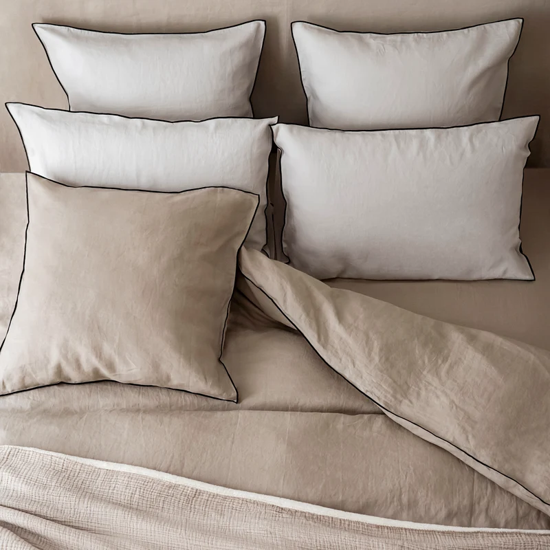 Lot de 2 taies d'oreiller CARLINA ficelle et bourdon noir