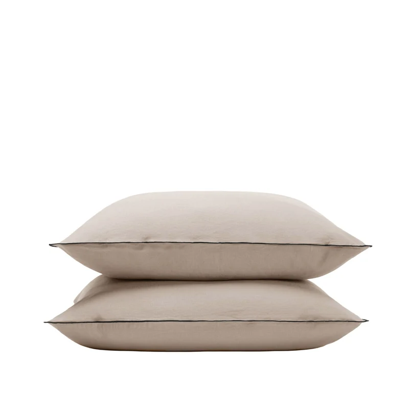 Lot de 2 taies d'oreiller CARLINA ficelle et bourdon noir