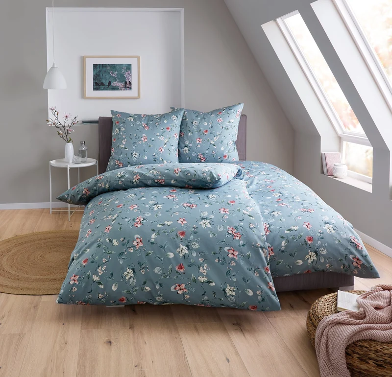 Bettwäsche Satin FLORINA Hellblau 155 x 220 cm und 80 x 80 cm