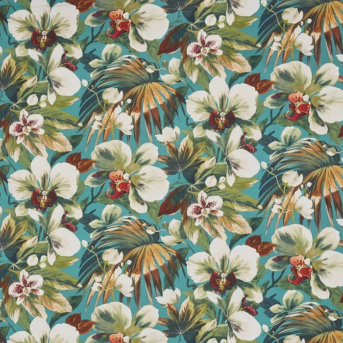 Baumwollstoff Tropische Blumen - türkis