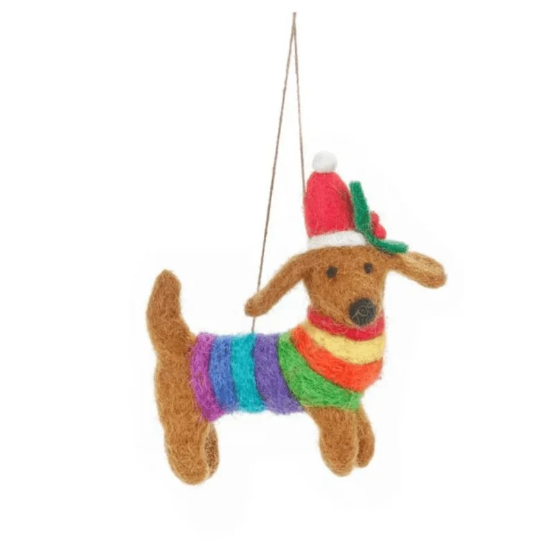 Handgefertiger, festlicher Pride Dackel Weihnachtsbaumschmuck aus Filz