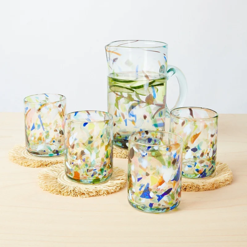 Großes buntes Glas Terrazzo 4er-Set + Karaffe, mundgeblasen
