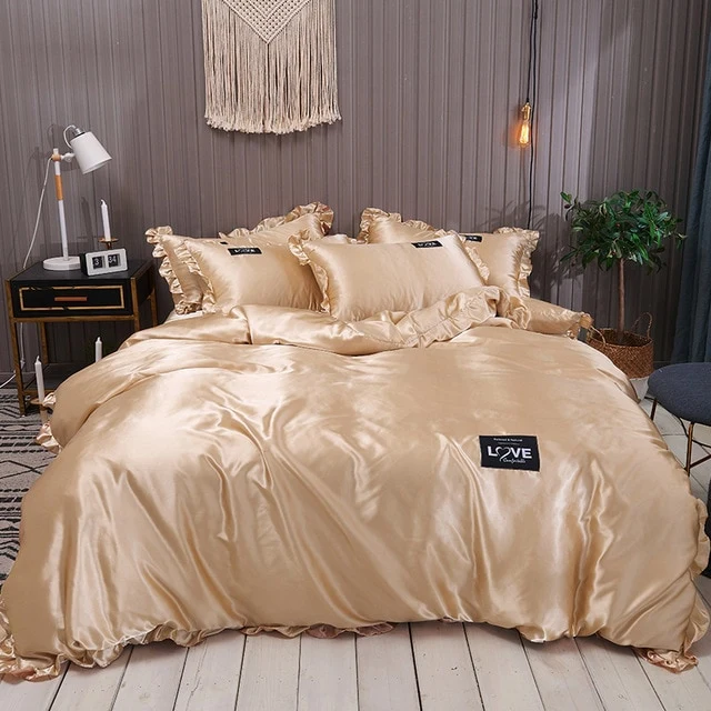 Pure Satin Silk Bedding Set Lace Luxury Duvet Cover Set Single Double Queen King Size 240x220 Couple Quilt Covers White Gray Red