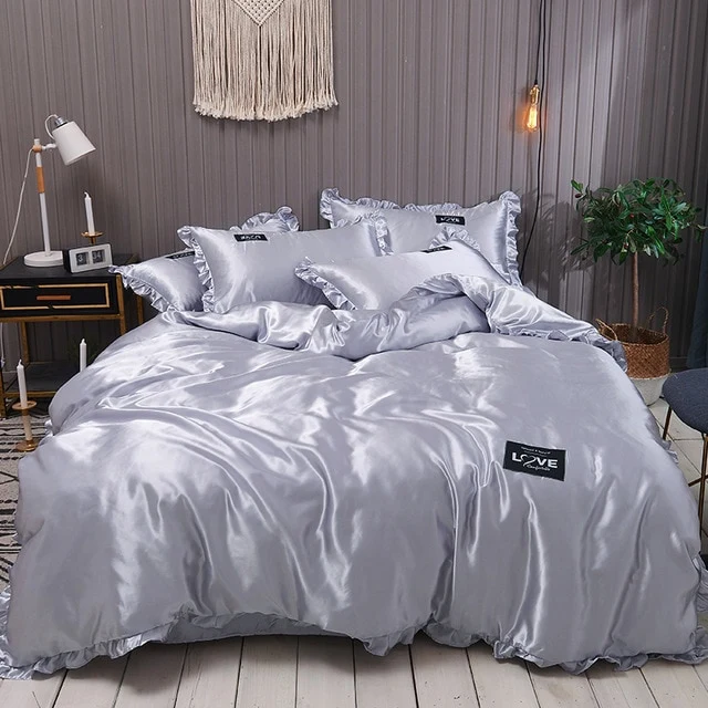 Pure Satin Silk Bedding Set Lace Luxury Duvet Cover Set Single Double Queen King Size 240x220 Couple Quilt Covers White Gray Red