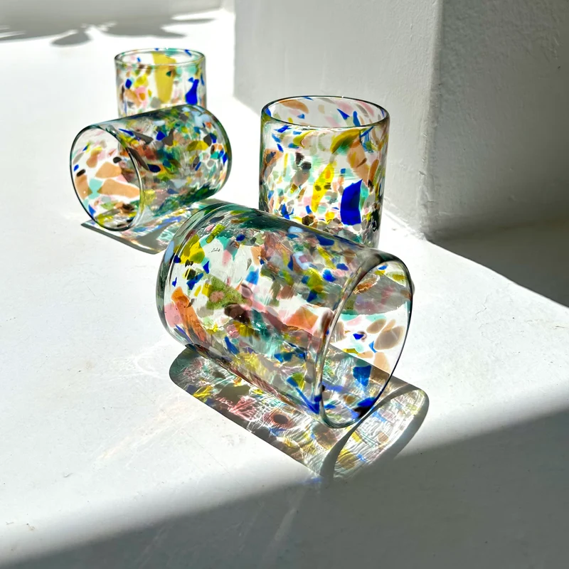 Große bunte Trinkgläser Terrazzo, 4er Set, mundgeblasen
