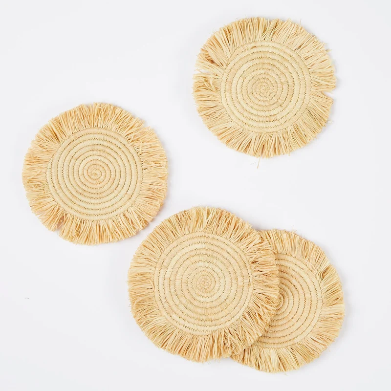 Untersetzer mit Fransen aus Raffia, 4-er Set
