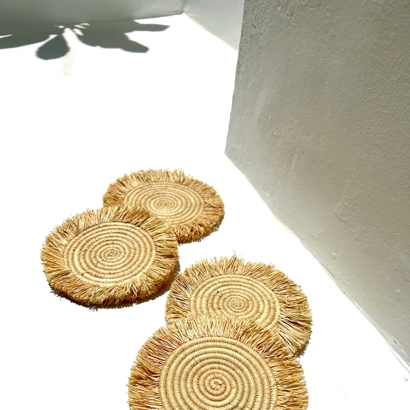 Untersetzer mit Fransen aus Raffia, 4-er Set