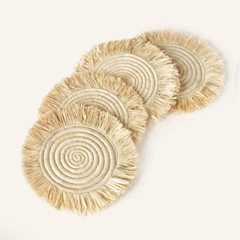 Untersetzer mit Fransen aus Raffia, 4-er Set