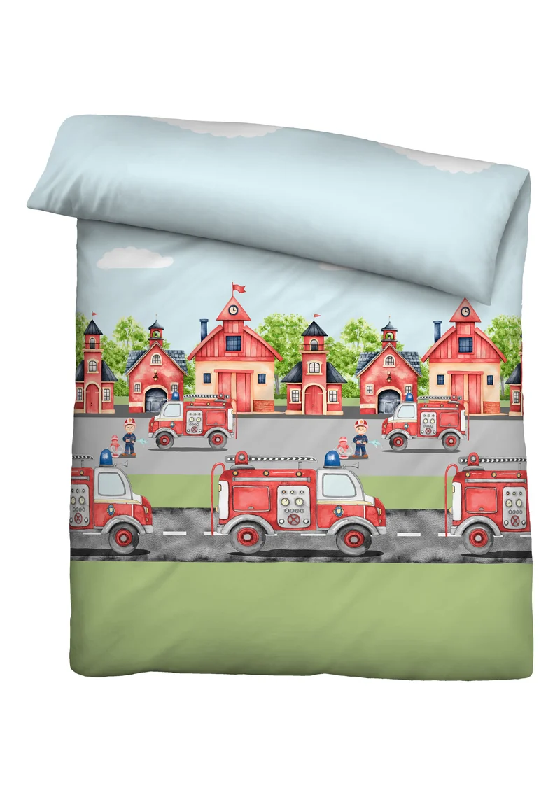 biberna Feinbiber Kinderbettwäsche Feuerwehr – Pistaziengrün (0004523)