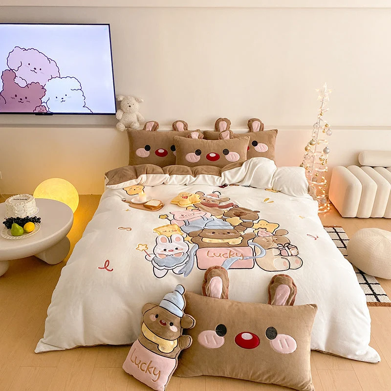 Flauschige Kinder Bettwäsche mit Teddy | Gesteppte Kuschelbettwäsche mit 3D-Bären-Applikationen und wärmender Füllung