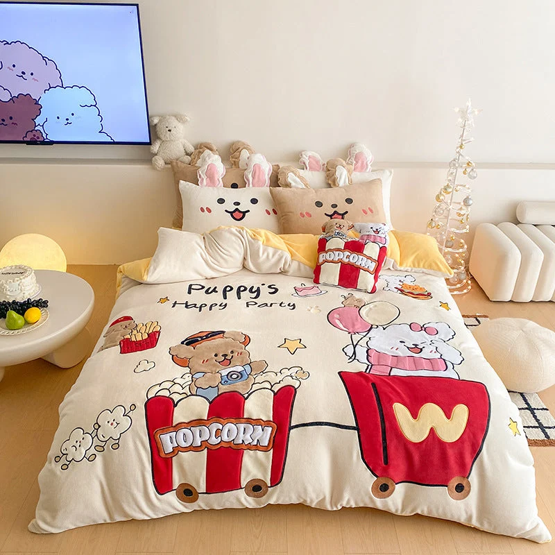 Flauschige Kinder Bettwäsche mit Teddy | Gesteppte Kuschelbettwäsche mit 3D-Bären-Applikationen und wärmender Füllung
