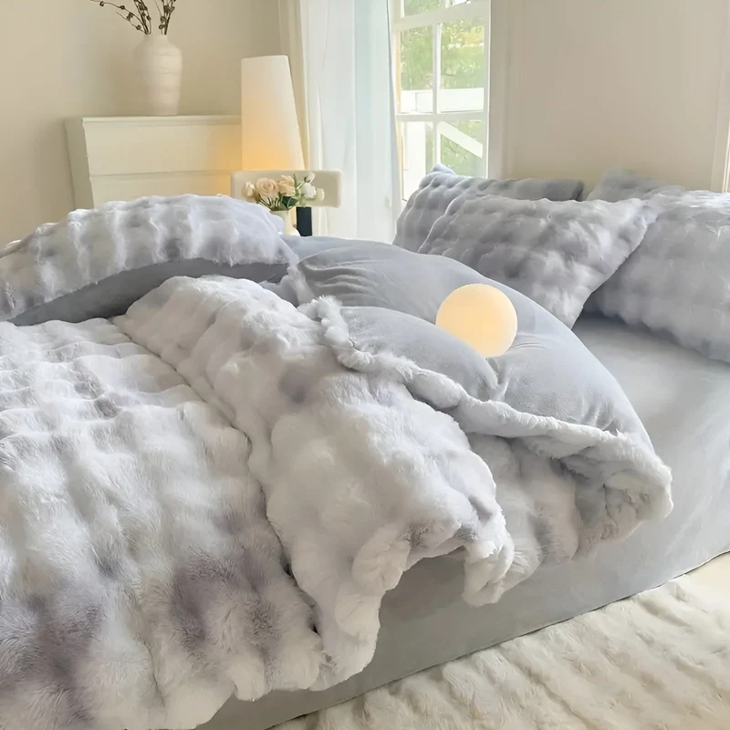 Plüsch Bettwäsche für Herbst & Winter | Wendbarer Bettbezug mit Kaninchenfell-Optik und weicher Milchvelours-Seite | Waschbar