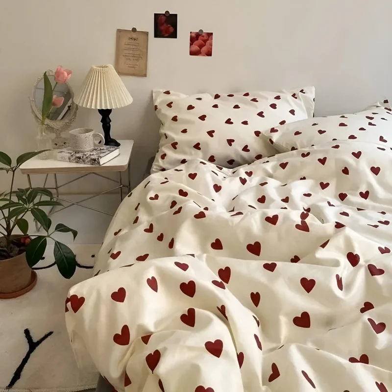 Bettwäsche-Set mit Herzmotiv | Bettbezug aus 100 % Baumwolle mit Reißverschluss für Einzel- und Doppelbett | Waschbar bei 40 °C