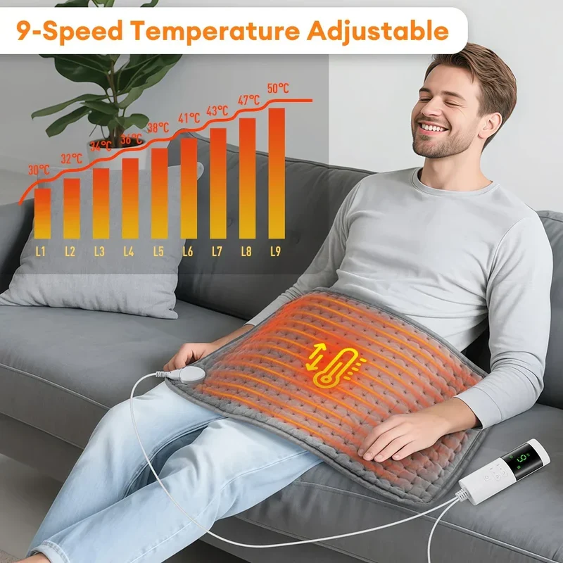 Elektrisches Heizkissen 30 × 60 cm | 9 Temperaturstufen, 4 Timer-Modi, 75 W und Abschaltautomatik für Rücken und Bauch