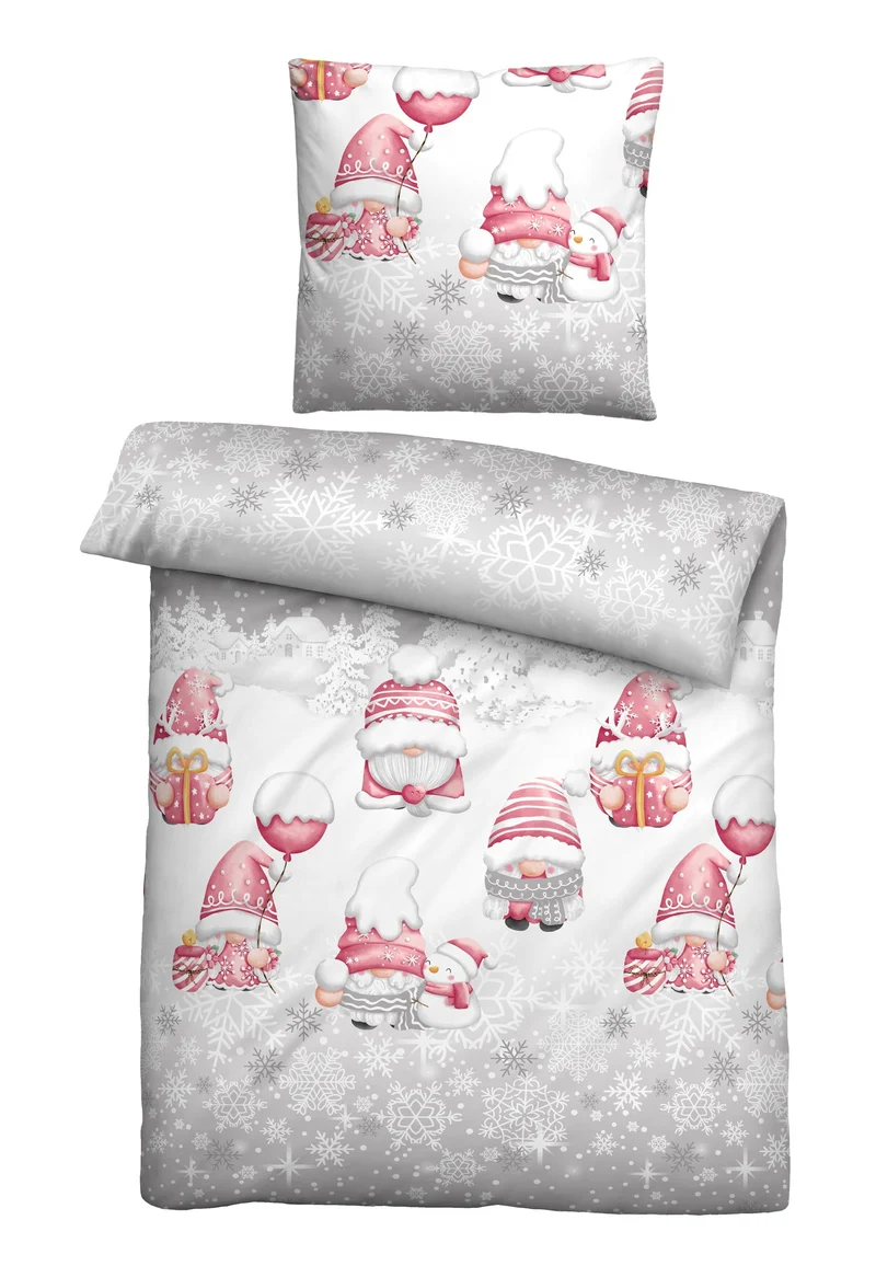 Feinbiber Bettwäsche aus 100 % Baumwolle | Weihnachtsbettwäsche mit Wichteln und Schneeflocken | Beidseitig angeraut, 60 °C waschbar