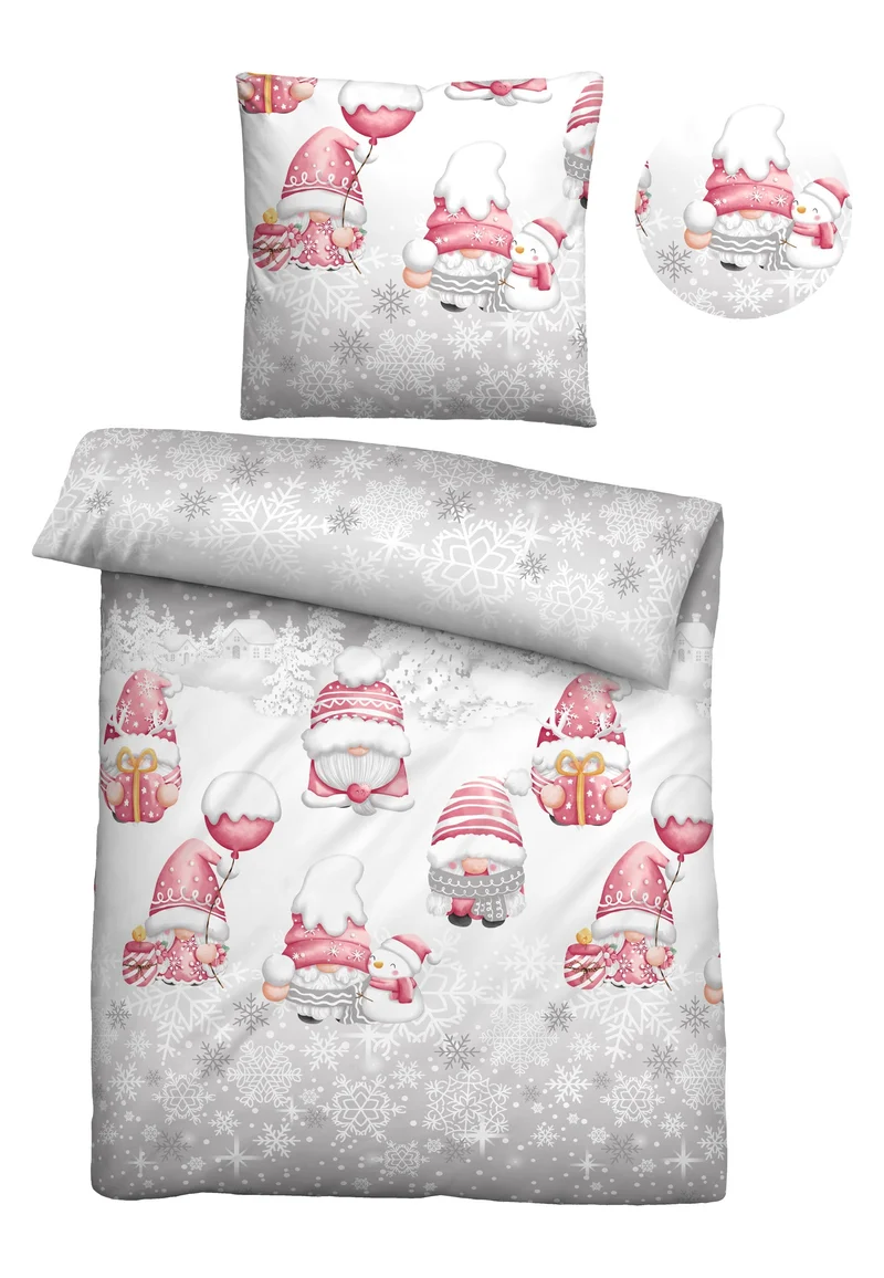 Feinbiber Bettwäsche aus 100 % Baumwolle | Weihnachtsbettwäsche mit Wichteln und Schneeflocken | Beidseitig angeraut, 60 °C waschbar