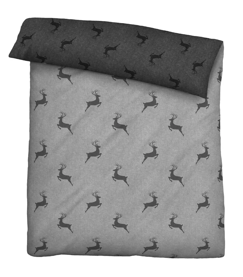 Melange Flanell Bettwäsche aus 100 % Baumwolle | Winterbettwäsche mit Hirschmotiv | Beidseitig angeraut, 60 °C waschbar