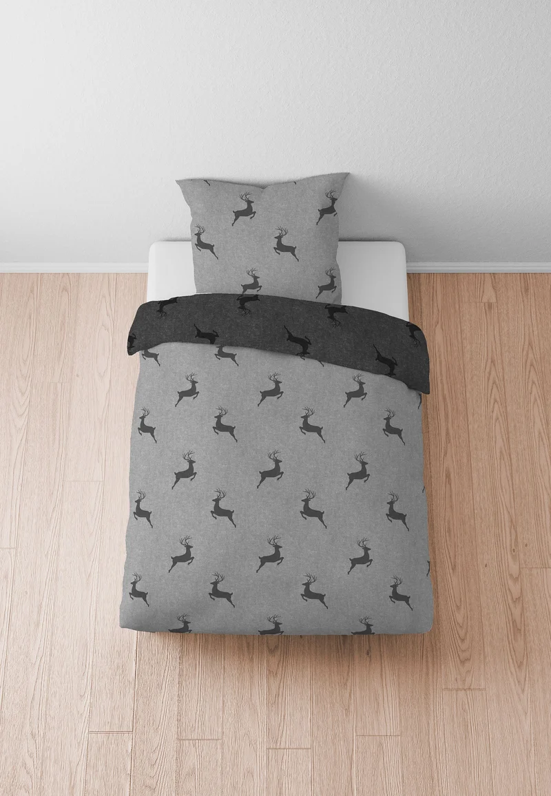 Melange Flanell Bettwäsche aus 100 % Baumwolle | Winterbettwäsche mit Hirschmotiv | Beidseitig angeraut, 60 °C waschbar