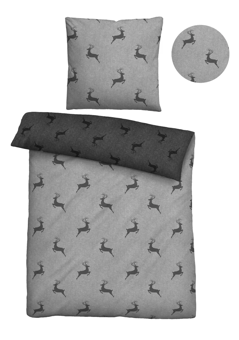 Melange Flanell Bettwäsche aus 100 % Baumwolle | Winterbettwäsche mit Hirschmotiv | Beidseitig angeraut, 60 °C waschbar