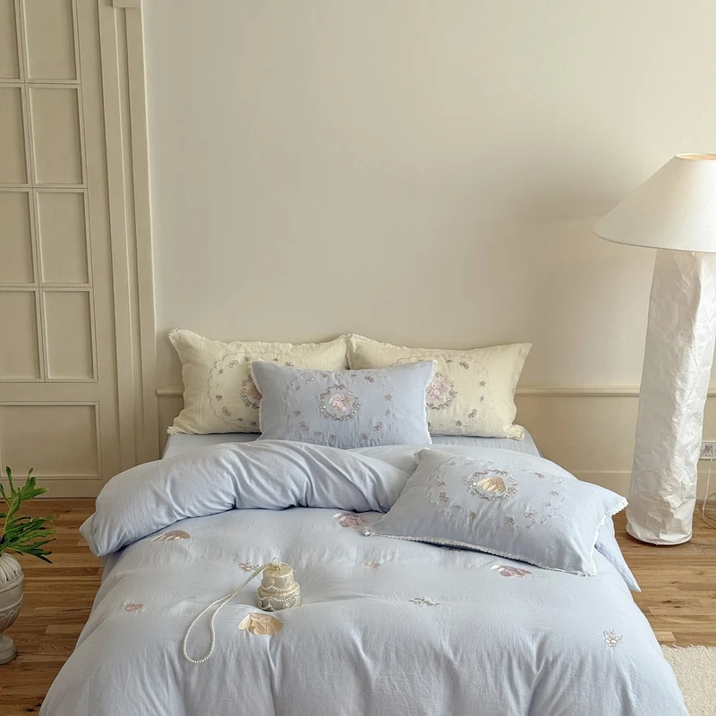 Baumwoll Bettwäsche-Set mit Rosenstickerei | Romantische Bettwäsche mit Vintage-Blumen und Volantkanten für Schlafzimmer