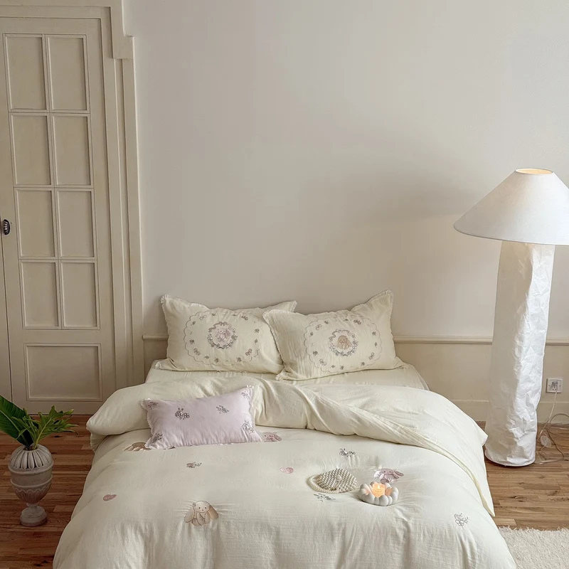 Baumwoll Bettwäsche-Set mit Rosenstickerei | Romantische Bettwäsche mit Vintage-Blumen und Volantkanten für Schlafzimmer