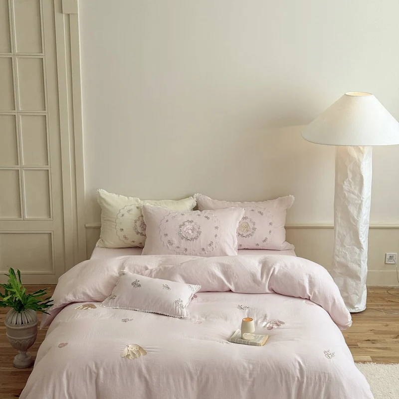 Baumwoll Bettwäsche-Set mit Rosenstickerei | Romantische Bettwäsche mit Vintage-Blumen und Volantkanten für Schlafzimmer