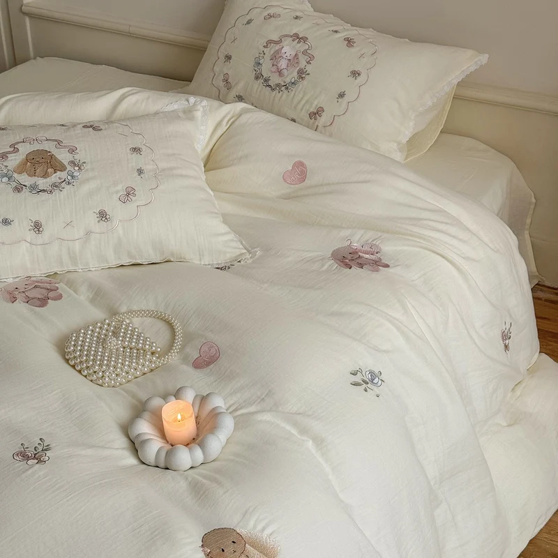 Baumwoll Bettwäsche-Set mit Rosenstickerei | Romantische Bettwäsche mit Vintage-Blumen und Volantkanten für Schlafzimmer