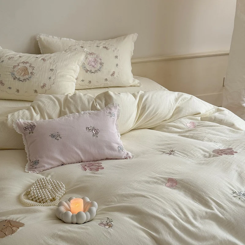 Baumwoll Bettwäsche-Set mit Rosenstickerei | Romantische Bettwäsche mit Vintage-Blumen und Volantkanten für Schlafzimmer