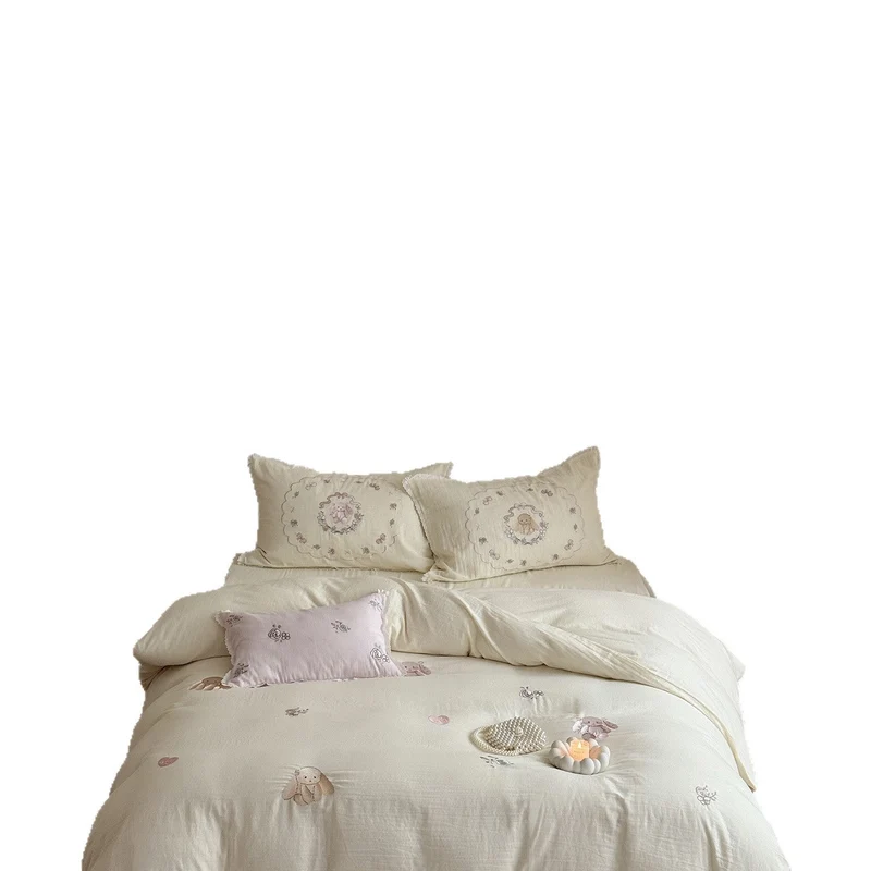 Baumwoll Bettwäsche-Set mit Rosenstickerei | Romantische Bettwäsche mit Vintage-Blumen und Volantkanten für Schlafzimmer