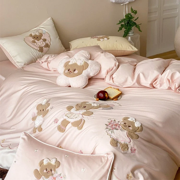 Kinder Bettwäsche aus Baumwollsatin | Bettwäsche-Set mit gestickten Teddybär-Applikationen und seidig-weicher Oberfläche