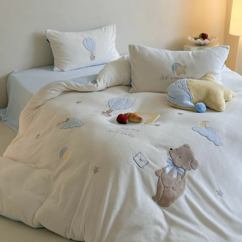 Kinder Bettwäsche aus Baumwolle | Bettwäsche-Set mit Teddybär, Heißluftballon und bestickten Sternen für Jungen und Mädchen