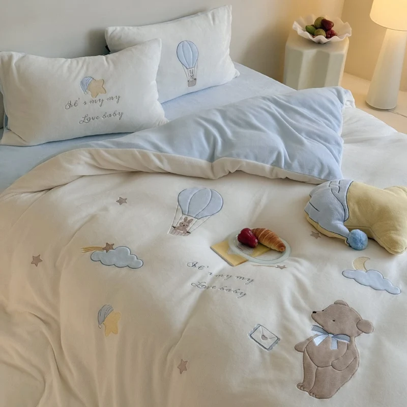 Kinder Bettwäsche aus Baumwolle | Bettwäsche-Set mit Teddybär, Heißluftballon und bestickten Sternen für Jungen und Mädchen