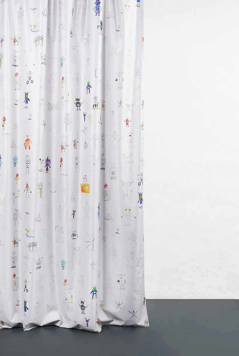 Blackout Curtains "Robot Land" by Kids Artist in Beige Color