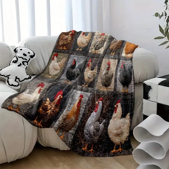 Flanelldecke | Weiche Kuscheldecke mit Hühnermotiv für Sofa, Bett und Sessel