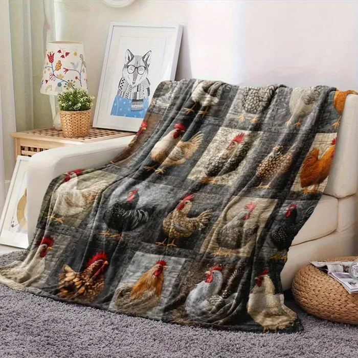 Flanelldecke | Weiche Kuscheldecke mit Hühnermotiv für Sofa, Bett und Sessel