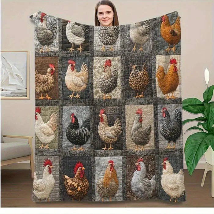 Flanelldecke | Weiche Kuscheldecke mit Hühnermotiv für Sofa, Bett und Sessel