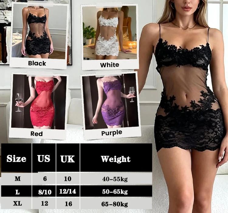 Elegante Damen Spitzen-Nachtwäsche Set mit Transparenz-Details | Weiche, Hautfreundliche Passform | Schwarz, Weiß, Rot, Lila | M–XL