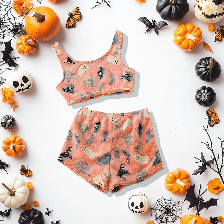 Damen Pyjama-Set Halloween mit Geister-Print | Langarm Oberteil + Hose | Warm, weich & gemütlich für Herbstabende