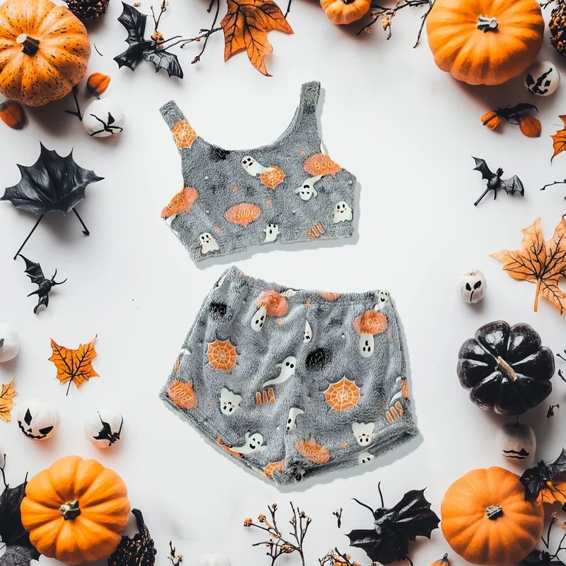 Damen Pyjama-Set Halloween mit Geister-Print | Langarm Oberteil + Hose | Warm, weich & gemütlich für Herbstabende