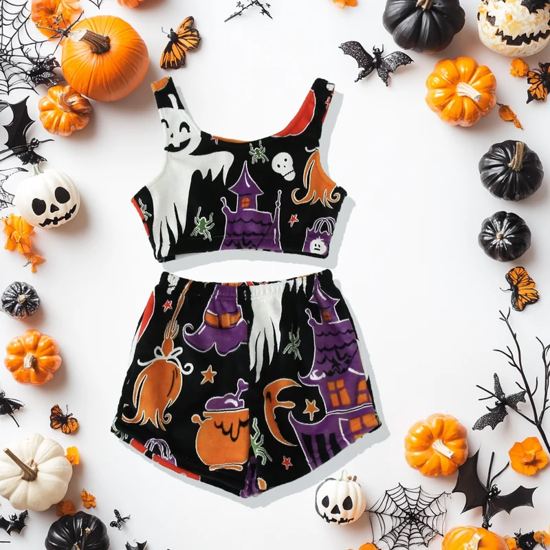 Damen Pyjama-Set Halloween mit Geister-Print | Langarm Oberteil + Hose | Warm, weich & gemütlich für Herbstabende