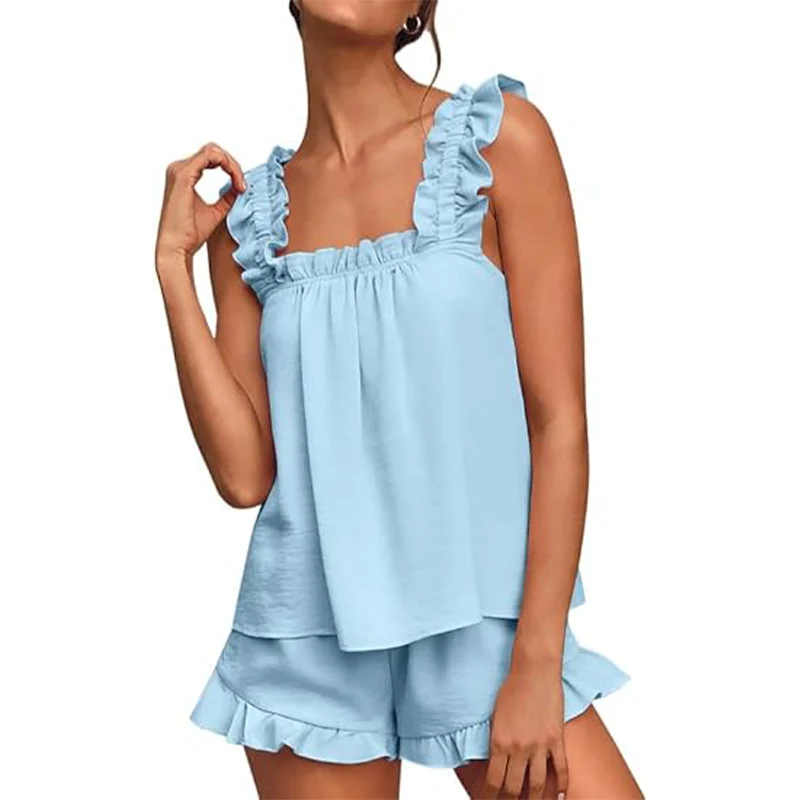 Damen Pyjama-Set mit Rüschen | Superweich & atmungsaktiv | Lockerer Schnitt mit elastischer Taille | Für Schlaf & Loungen