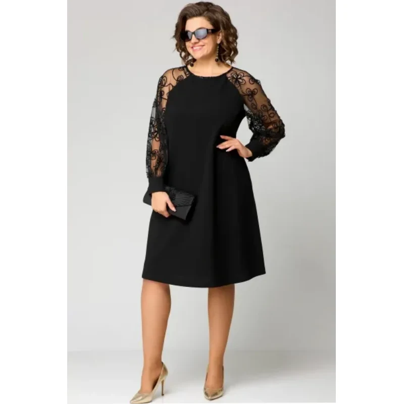 Damen Spitzenkleid mit Rundhals | Taillierte Passform & lange Spitzenärmel | Knielang in Schwarz für elegante Anlässe