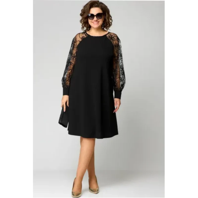 Damen Spitzenkleid mit Rundhals | Taillierte Passform & lange Spitzenärmel | Knielang in Schwarz für elegante Anlässe
